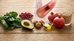 Alimenti salutari per il cuore su tavolo: spinaci, avocado, frutti rossi, noci, olio d’oliva, melograno e avena