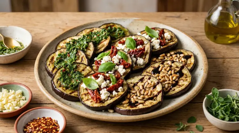 Piatto di melanzane grigliate con erbe, feta e pomodori secchi, pinoli e basilico su tavolo di legno