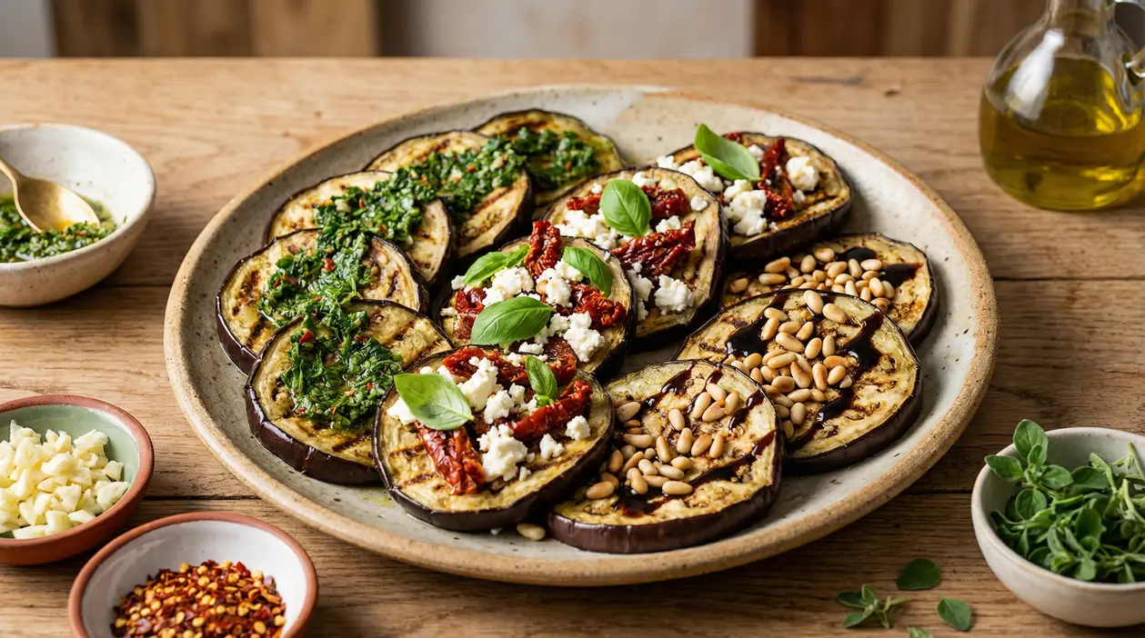 Piatto di melanzane grigliate con erbe, feta e pomodori secchi, pinoli e basilico su tavolo di legno