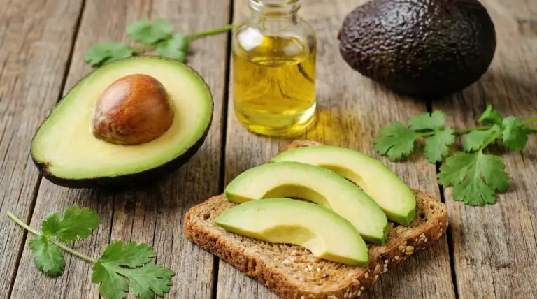 Avocado a metà e fette su pane integrale con bottiglietta di olio e prezzemolo su tavolo di legno
