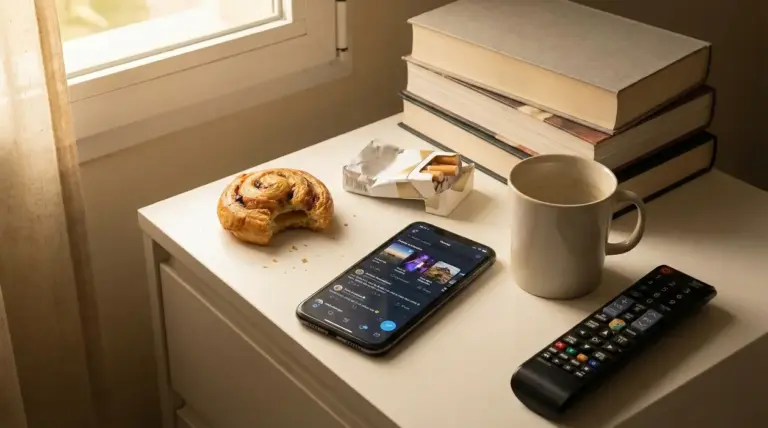 Comodino con sigarette, brioche, smartphone, tazza e telecomando, simbolo di abitudini che accelerano l’invecchiamento
