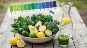 Ciotola con verdure verdi, avocado e agrumi accanto a acqua con limone e succo verde su tavolo rustico