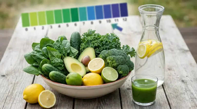 Ciotola con verdure verdi, avocado e agrumi accanto a acqua con limone e succo verde su tavolo rustico