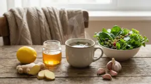 Tisana calda con miele, limone, zenzero, aglio e insalata di verdure su tavolo di legno, rimedi naturali