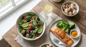 Pasto con salmone, broccoli, insalata con frutti di bosco e noci, limone, zenzero e curcuma su tavolo in legno
