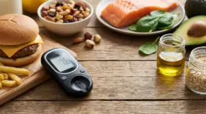 Confronto tra hamburger e patatine e cibi salutari con glucometro su tavolo, tema colesterolo