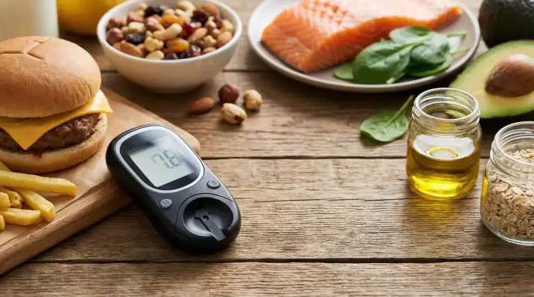 Confronto tra hamburger e patatine e cibi salutari con glucometro su tavolo, tema colesterolo