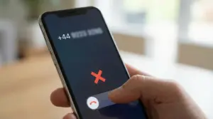 Primo piano di una mano che rifiuta una chiamata su smartphone da un numero con prefisso internazionale +44