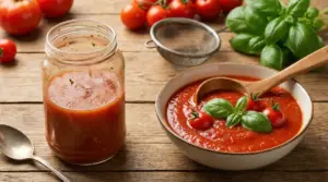 Salsa di pomodoro in barattolo e ciotola con basilico su tavolo di legno, con pomodori freschi sullo sfondo