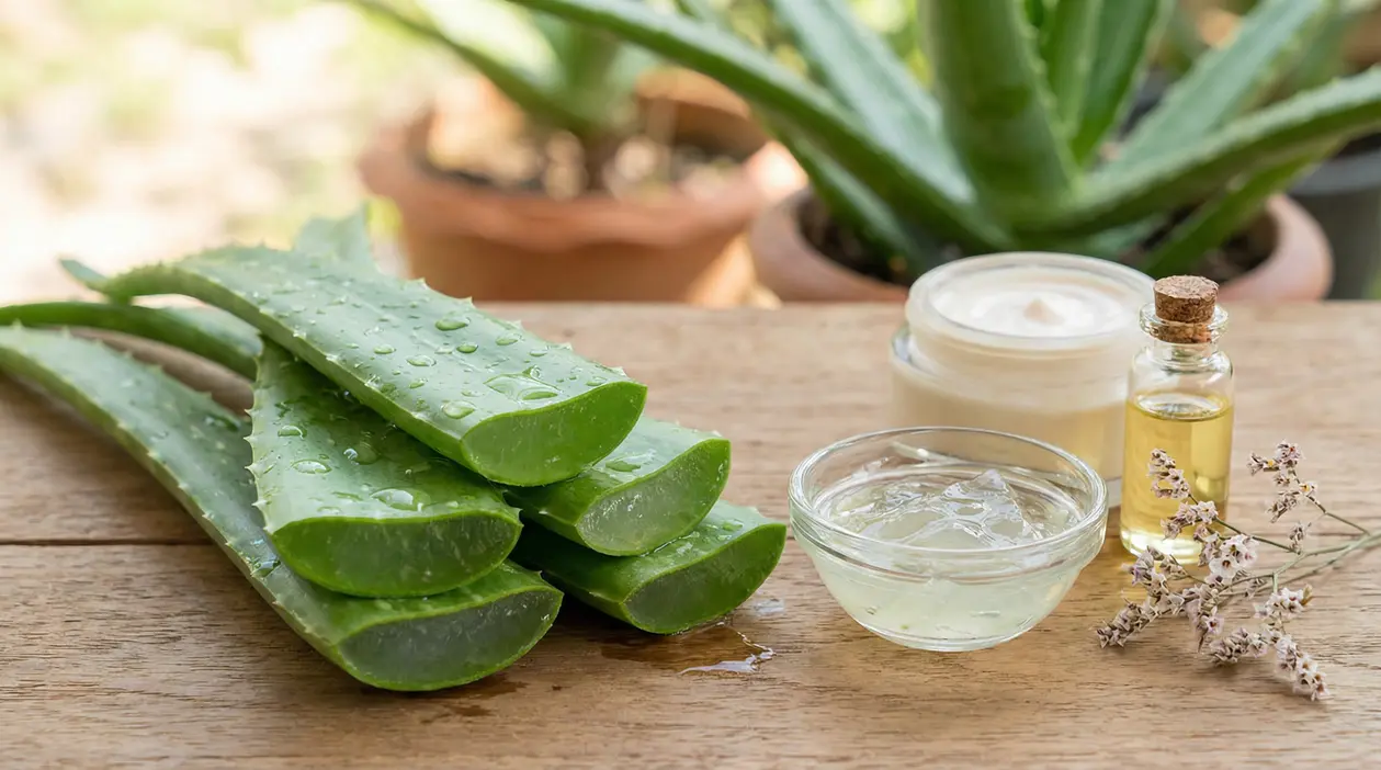 Foglie di aloe vera tagliate con gel in ciotola, crema e olio su tavolo di legno