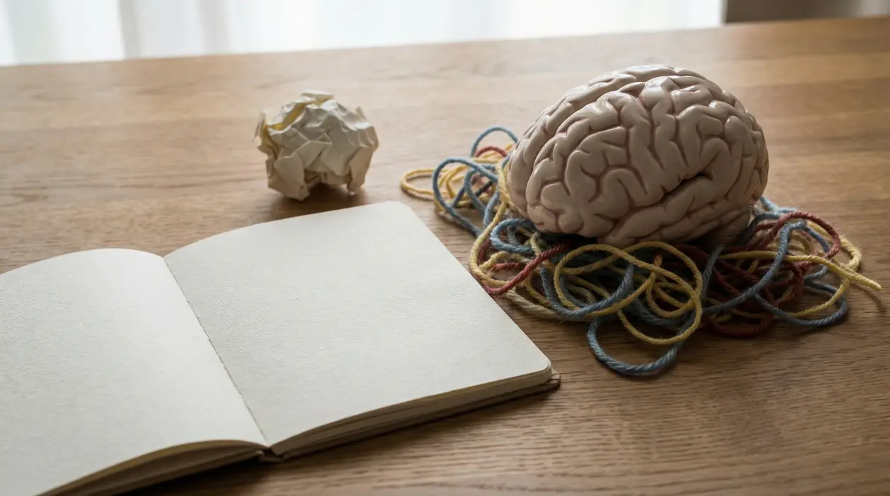 Cervello modellino con fili colorati intrecciati accanto a un quaderno aperto su un tavolo di legno