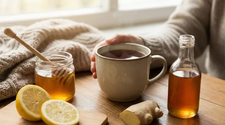 Tazza di tisana calda con miele, limone e zenzero su un tavolo, rimedio naturale per tosse e mal di gola