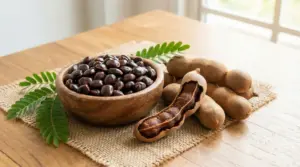 Ciotola di semi di tamarindo con baccelli e foglie verdi su un tavolo di legno