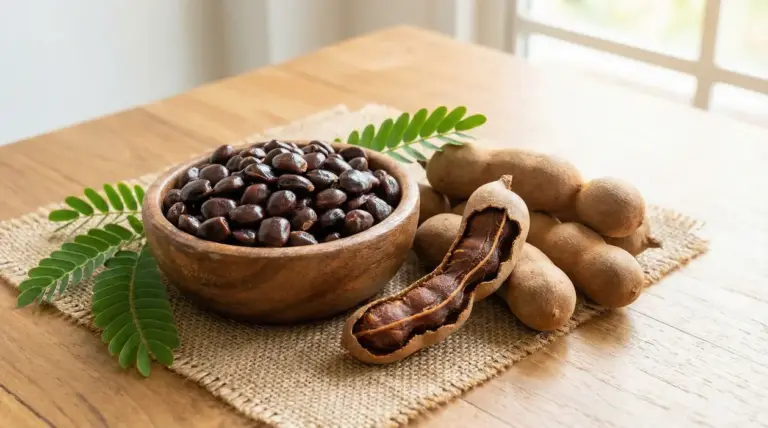 Ciotola di semi di tamarindo con baccelli e foglie verdi su un tavolo di legno