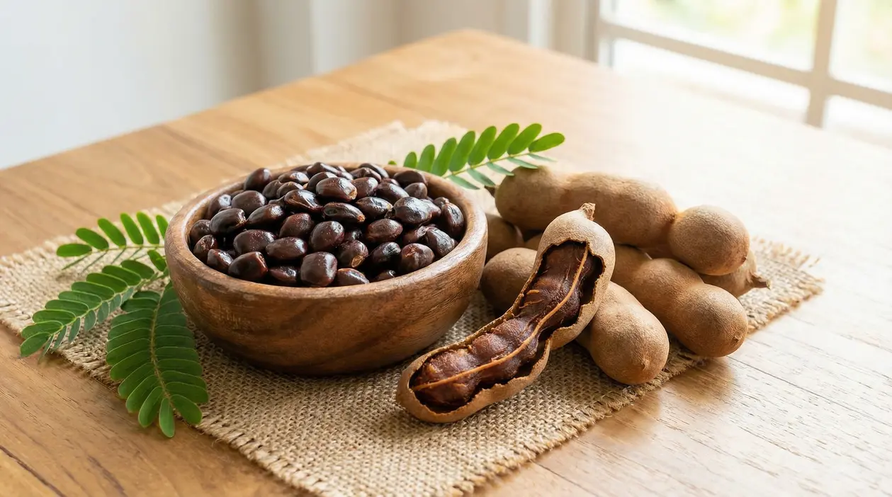 Ciotola di semi di tamarindo con baccelli e foglie verdi su un tavolo di legno