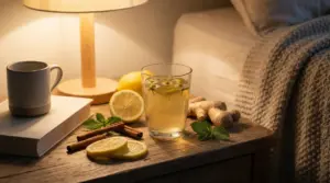 Tisana detox con limone, zenzero e menta sul comodino accanto al letto, con lampada e libro