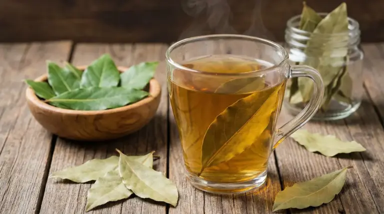Tazza di bevanda calda all’alloro con foglie di alloro su tavolo di legno