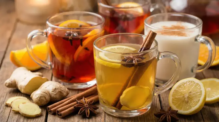 Tazze di tisane calde con limone, zenzero e cannella su tavolo di legno