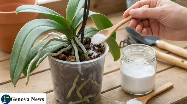 Mano che sparge bicarbonato nel vaso trasparente di un’orchidea, con radici a vista e corteccia come substrato