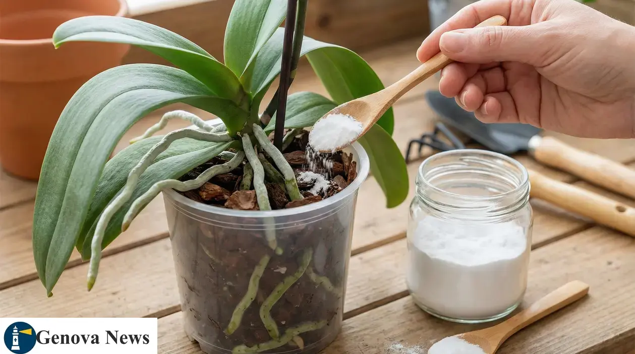 Mano che sparge bicarbonato nel vaso trasparente di un’orchidea, con radici a vista e corteccia come substrato