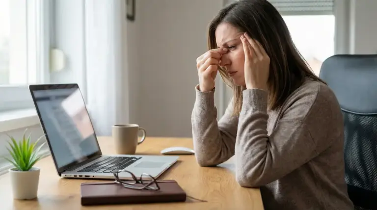 Persona al computer che si massaggia le tempie, con segni di mal di testa da PC alla scrivania