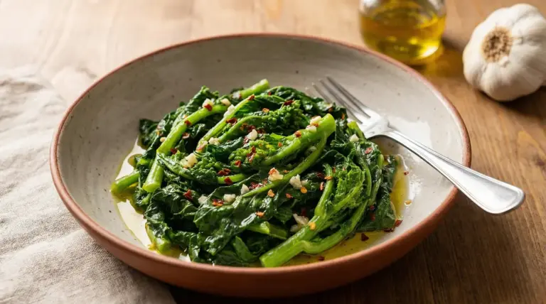 Piatto di cime di rapa saltate con aglio, olio extravergine e peperoncino, servite in una ciotola con forchetta