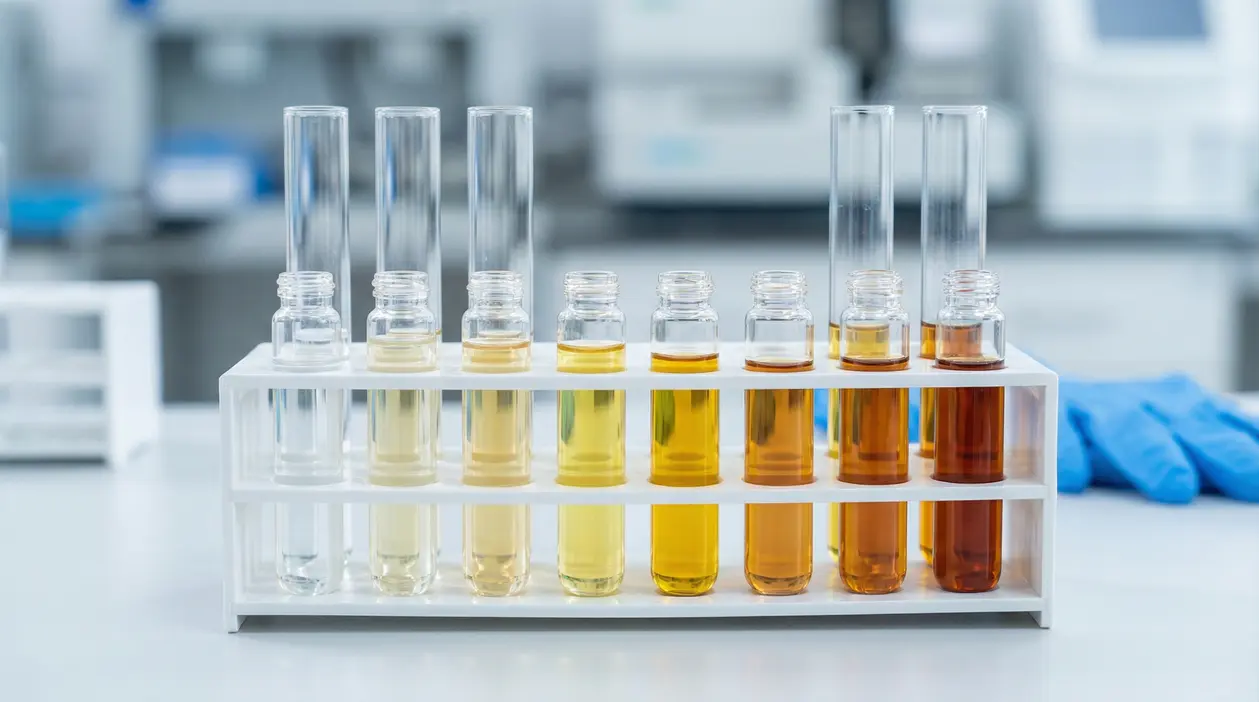 Provette in laboratorio con campioni di urina di diversi colori, dal trasparente all’ambrato scuro