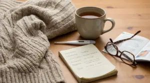 Coperta di lana, tazza di tè, termometro e appunti su un tavolo, scena che richiama sintomi e diagnosi di ipotiroidismo