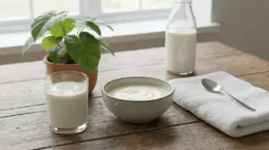 Bicchiere e bottiglia di latte con ciotola di yogurt su tavolo di legno vicino a una pianta in vaso