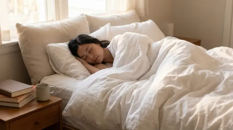 Donna che dorme serenamente in un letto con lenzuola bianche, accanto a comodino con libri e tazza