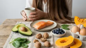 Alimenti nutrienti per capelli sani: salmone, avocado, uova, spinaci, noci, mirtilli e zucca su un tavolo