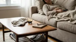 Persona sdraiata sul divano con coperta e telecomando, tazza di caffè sul tavolino in salotto