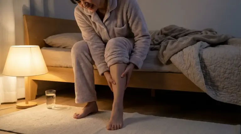 Persona seduta sul letto che si massaggia il polpaccio per un crampo alla gamba, in camera da letto di sera