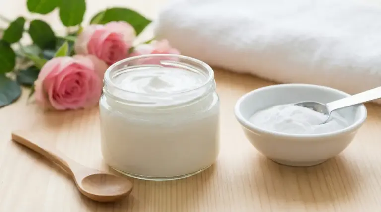 Barattolo di crema bianca e ciotola con bicarbonato su tavolo in legno, con asciugamano e rose sullo sfondo