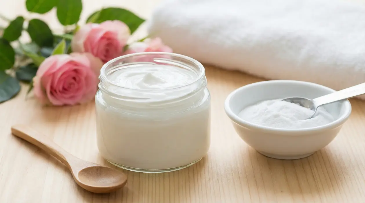 Barattolo di crema bianca e ciotola con bicarbonato su tavolo in legno, con asciugamano e rose sullo sfondo