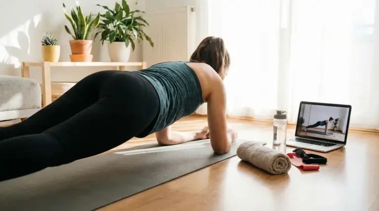 Persona in posizione plank su tappetino a casa, seguendo un allenamento su laptop vicino a bottiglia e asciugamano