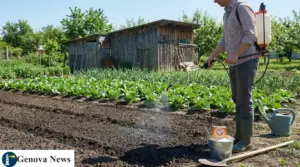 Persona che spruzza un trattamento sul terreno dell’orto vicino a giovani piantine, per disinfettare in modo naturale