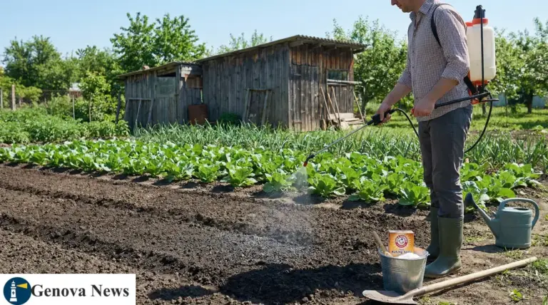 Persona che spruzza un trattamento sul terreno dell’orto vicino a giovani piantine, per disinfettare in modo naturale
