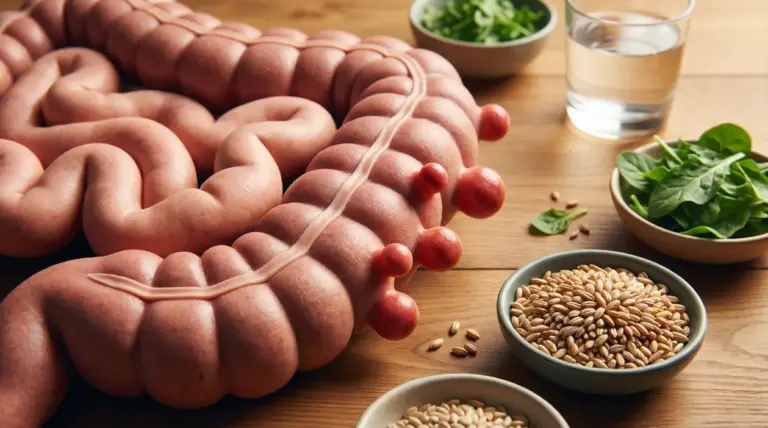 Modello illustrativo del colon con diverticoli, accanto a cereali integrali, verdure a foglia e un bicchiere d’acqua