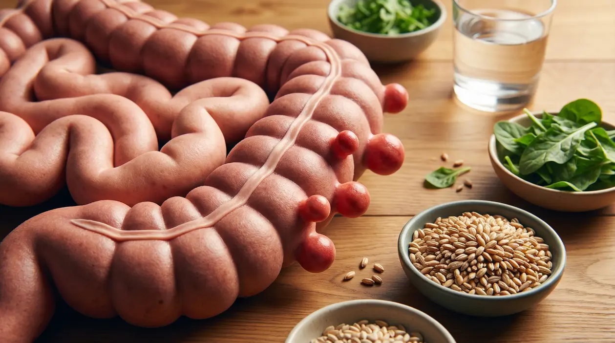 Modello illustrativo del colon con diverticoli, accanto a cereali integrali, verdure a foglia e un bicchiere d’acqua