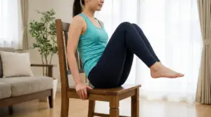 Persona che esegue sollevamento delle ginocchia da seduta su una sedia in casa, esercizio per addominali