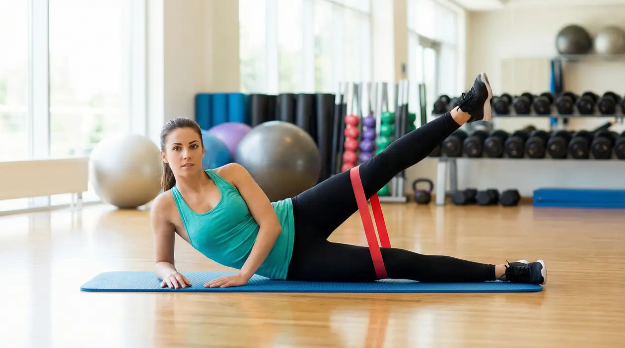 Persona esegue un sollevamento laterale della gamba con banda elastica su tappetino, in palestra