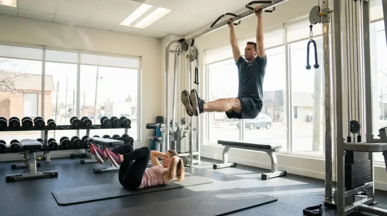 Persona che esegue leg raises alla sbarra e persona che fa crunch su tappetino in palestra