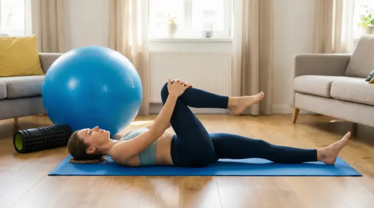 Persona sdraiata su tappetino mentre esegue un allungamento delle anche per alleviare il dolore alla schiena