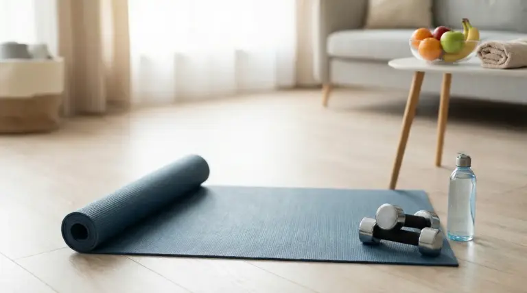 Tappetino da fitness con manubri e borraccia in salotto, pronto per allenamento mirato a ridurre il grasso addominale