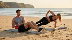 Due persone si allenano in spiaggia: una esegue il plank laterale e l’altra esercizi con kettlebell su un tappetino