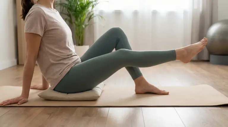Persona seduta su tappetino che esegue un sollevamento della gamba per alleviare il dolore al ginocchio