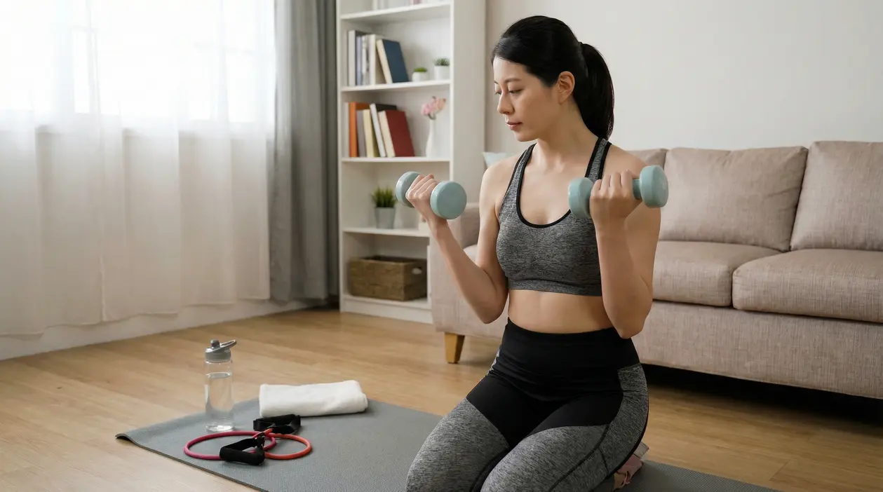 Persona che esegue curl con manubri su tappetino in salotto, allenamento braccia a casa