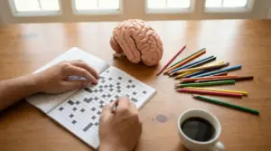 Persona che completa un cruciverba su un tavolo con modello di cervello e matite colorate