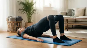 Persona che esegue un ponte glutei su tappetino in salotto, con elastico sopra le ginocchia